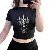 Bxoxo Gothic Punk Rock Y2K Emo Girl Grunge vintage Women's Crop Tops Sexy Slim Harajuku Chic Geometric Pattern Print O-Neck Baby Tops